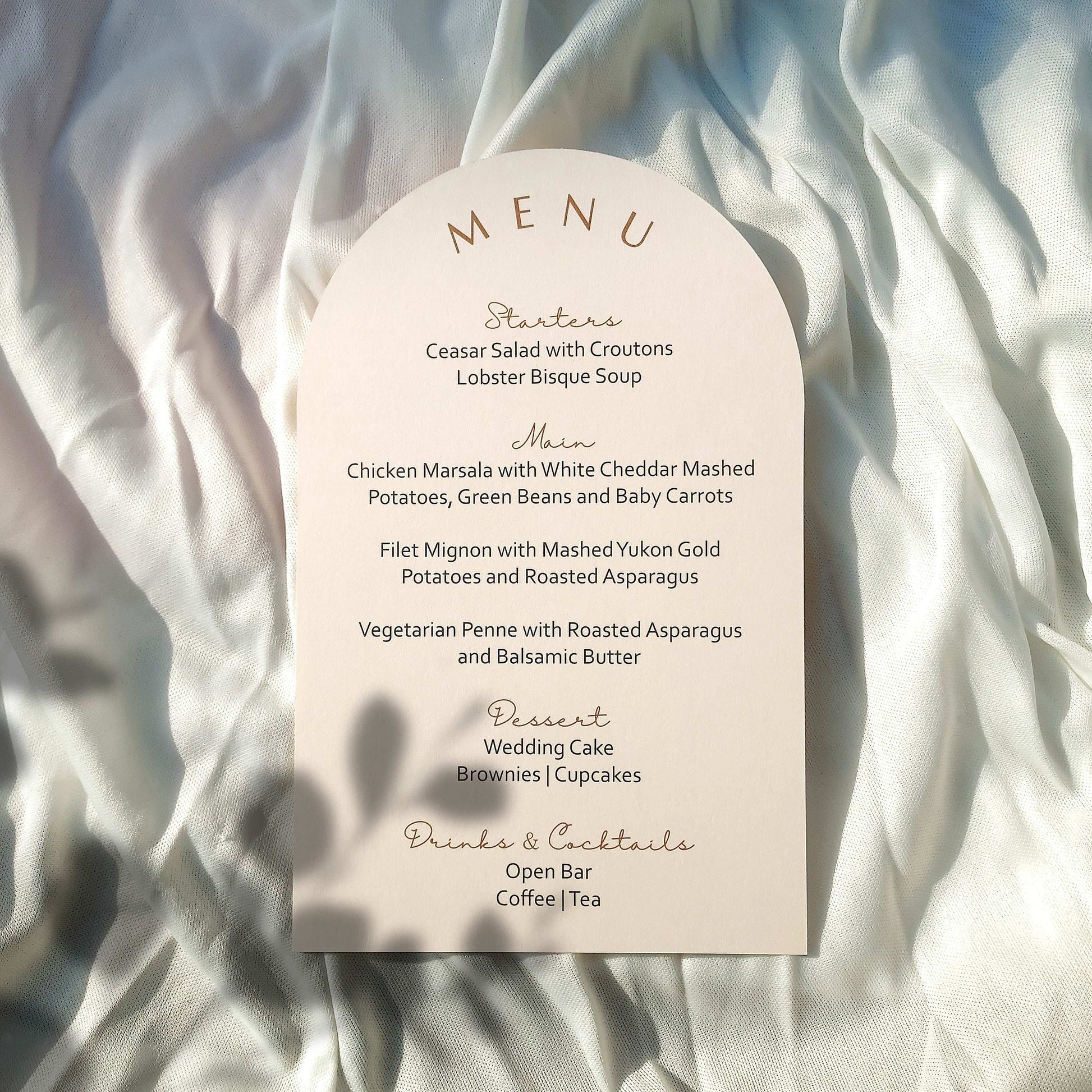 Custom printed menu card with arch design for modern weddings