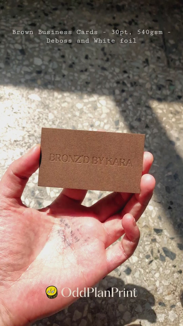 Elegant brown business cards blind deboss white foil on heavy 540gsm stock from OddPlanPrint