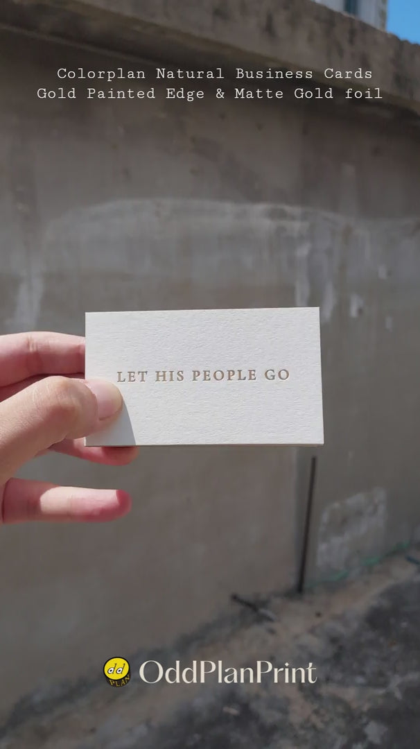 Premium 700gsm Colorplan Natural business cards showing gold painted edges and matte gold foil finishing from OddPlanPrint.