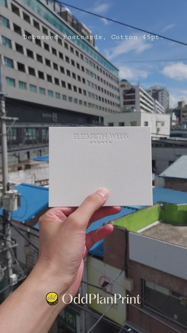 Debossed cotton postcards 45pt thick with elegant texture from OddPlanPrint.