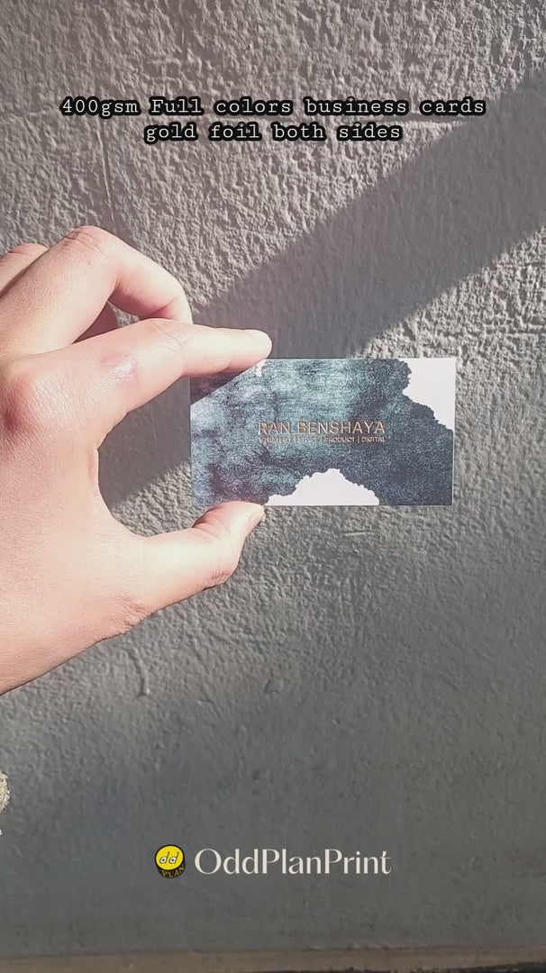 Vibrant 400gsm full-color business card by OddPlanPrint, featuring double-sided gold foil for an opulent look.