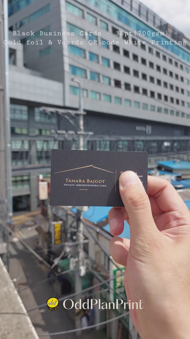 Thick black business cards featuring matte gold foil and scannable white Vcards QR code from OddPlanPrint.