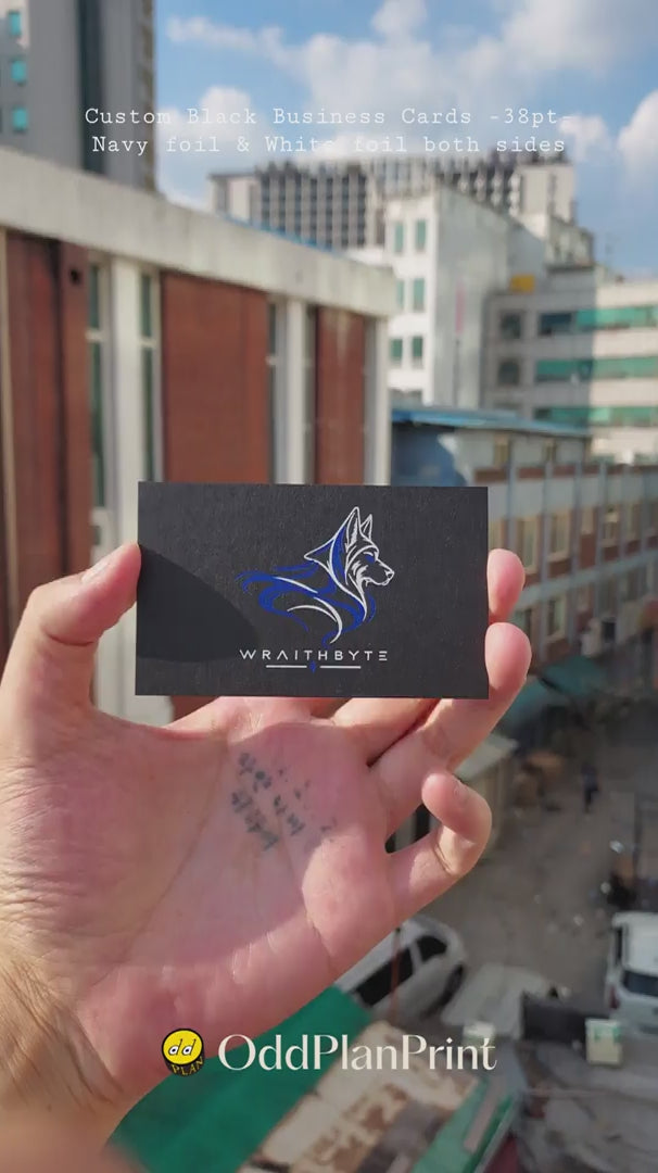 Heavy black business cards with navy foil and white foil both sides from OddPlanPrint.