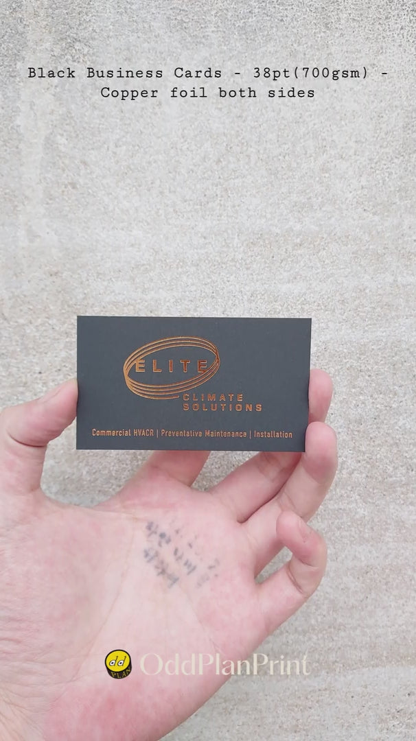 Thick 38pt(700gsm) black business cards featuring copper foil both sides made by OddPlanPrint.