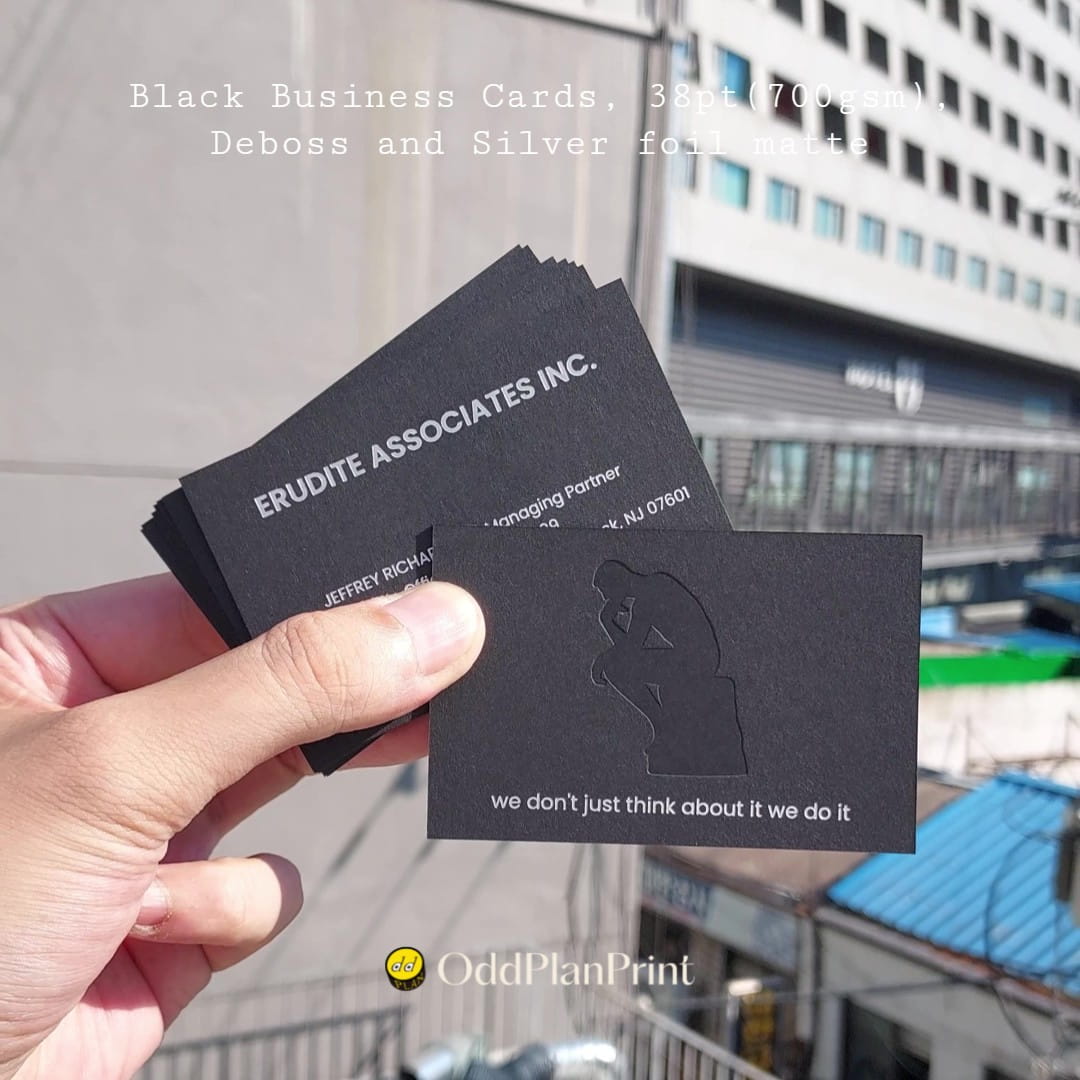 Black Business Cards, 38pt, Deboss and Matte Silver Foil by OddPlanPrint.