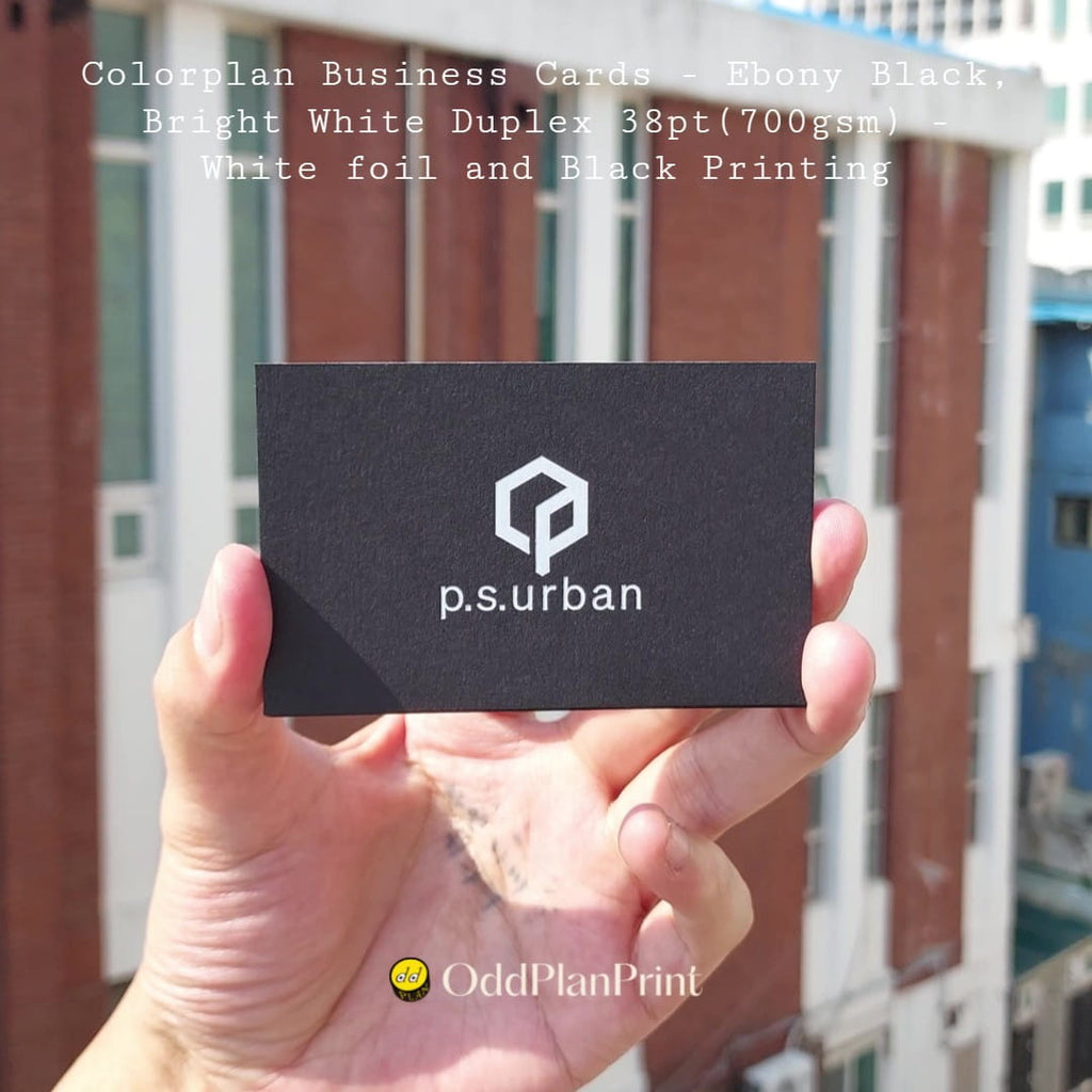 Heavy duplex Colorplan business cards featuring white foil and black printing from OddPlanPrint.