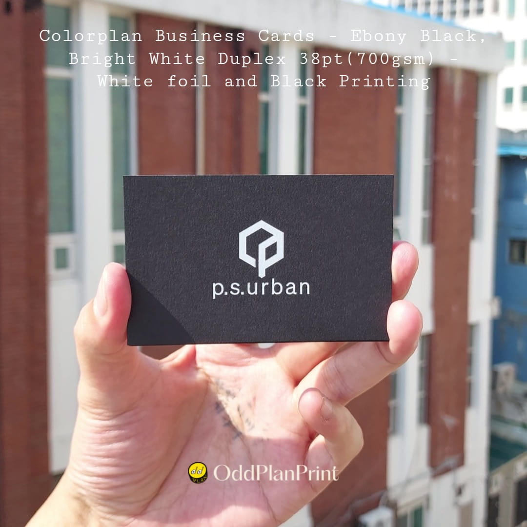 Heavy duplex Colorplan business cards featuring white foil and black printing from OddPlanPrint.