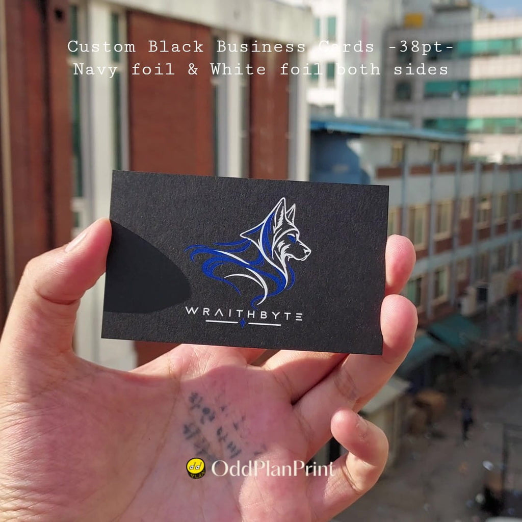Navy and white foil business cards on 38pt black stock by OddPlanPrint.