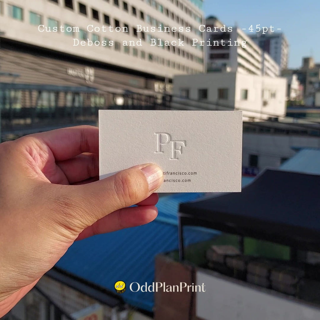 Experience deep debossed details on soft 45pt cotton business cards from OddPlanPrint.