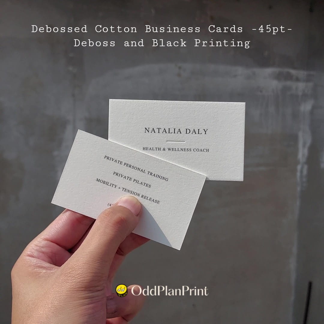Touch ultra heavy 45pt debossed cotton business cards with deep black ink from OddPlanPrint.