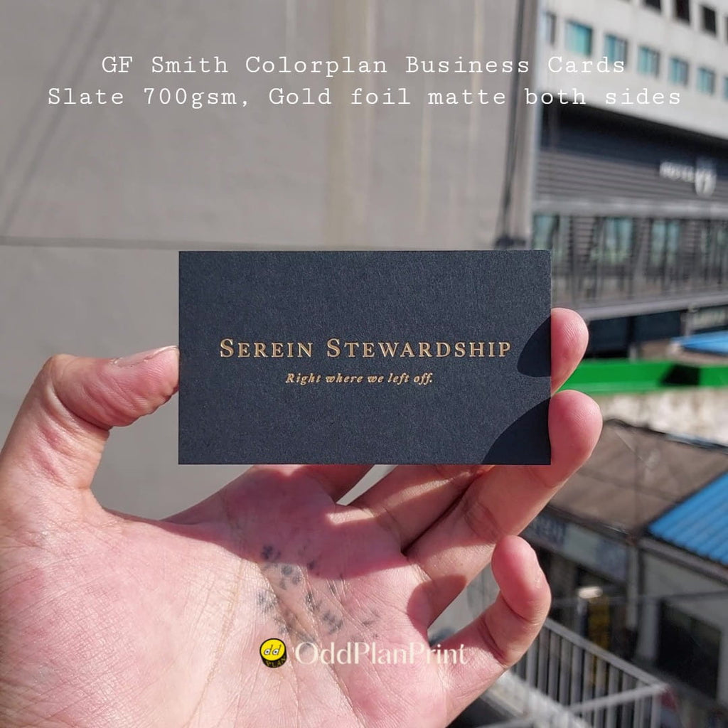 Matte gold foil warms these Colorplan Slate business cards with a polished, modern feel. by OddPlanPrint.