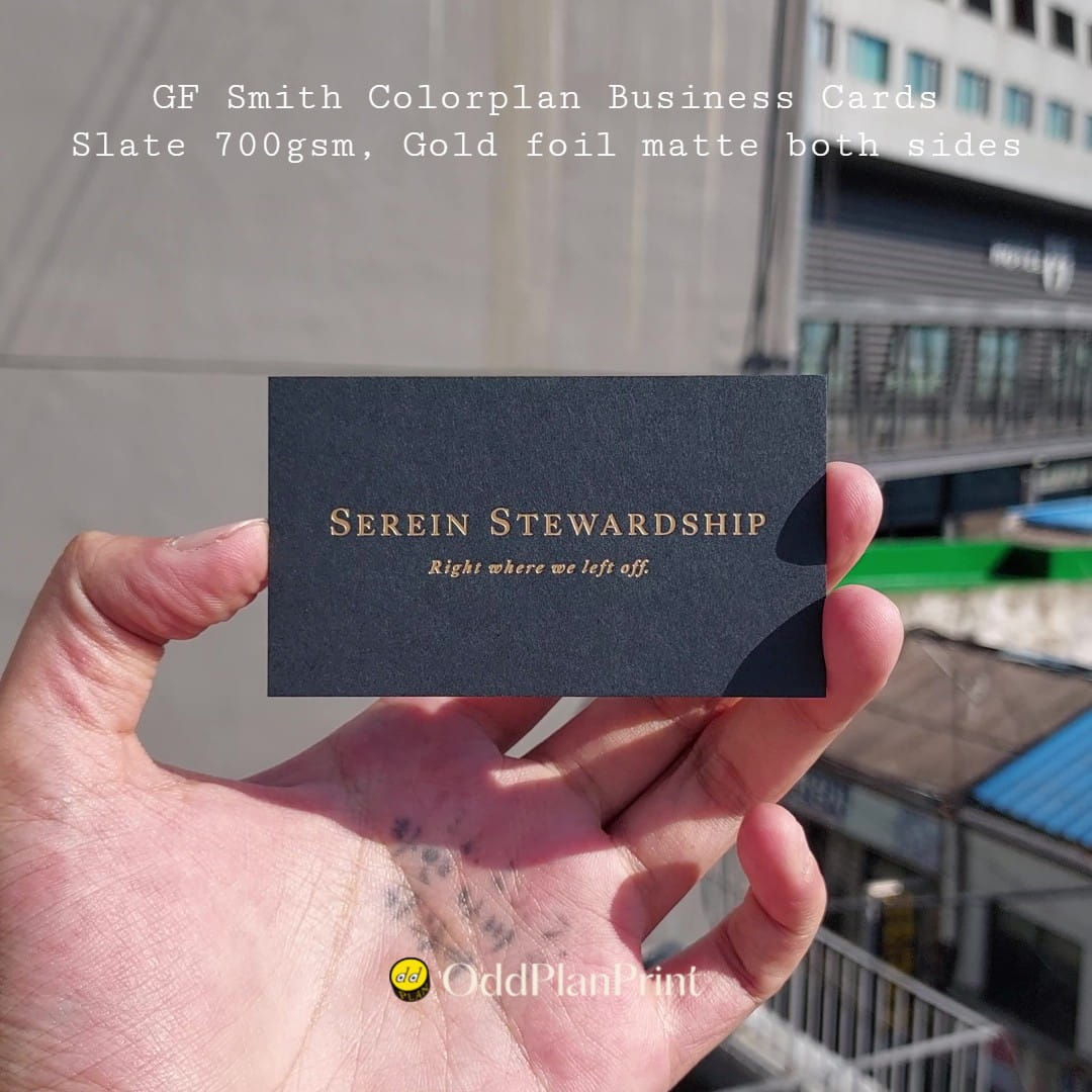 Matte gold foil warms these Colorplan Slate business cards with a polished, modern feel. by OddPlanPrint.