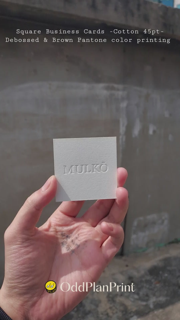 45pt square cotton debossed business cards front deboss and back brown pantone color printing. made by OddPlanPrint.