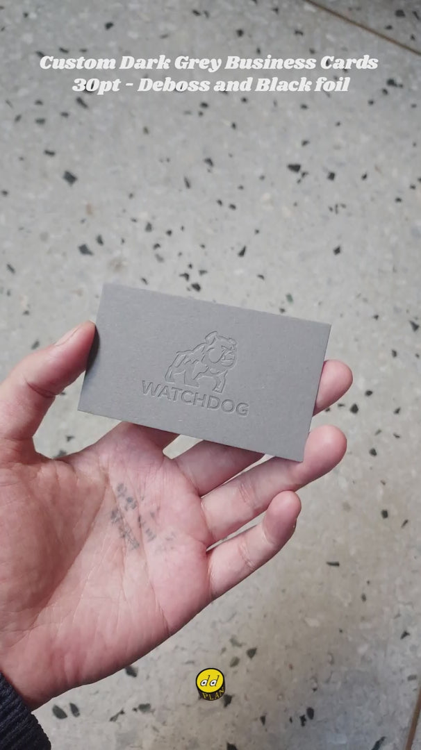 Order 30pt dark grey business card with precision deboss and low-gloss black foil for crisp typographic fidelity - OddPlanPrint