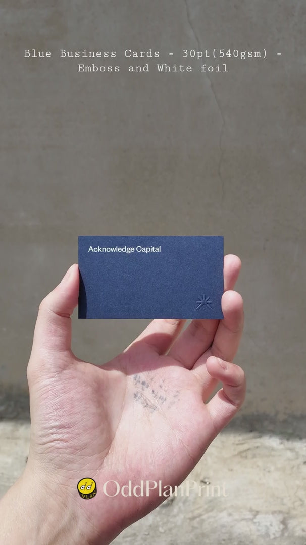 OddPlanPrint blue Colorplan business cards 30pt - white foil stamping and emboss finish on 540gsm premium stock. Best custom luxury blue business cards for professionals and entrepreneurs.