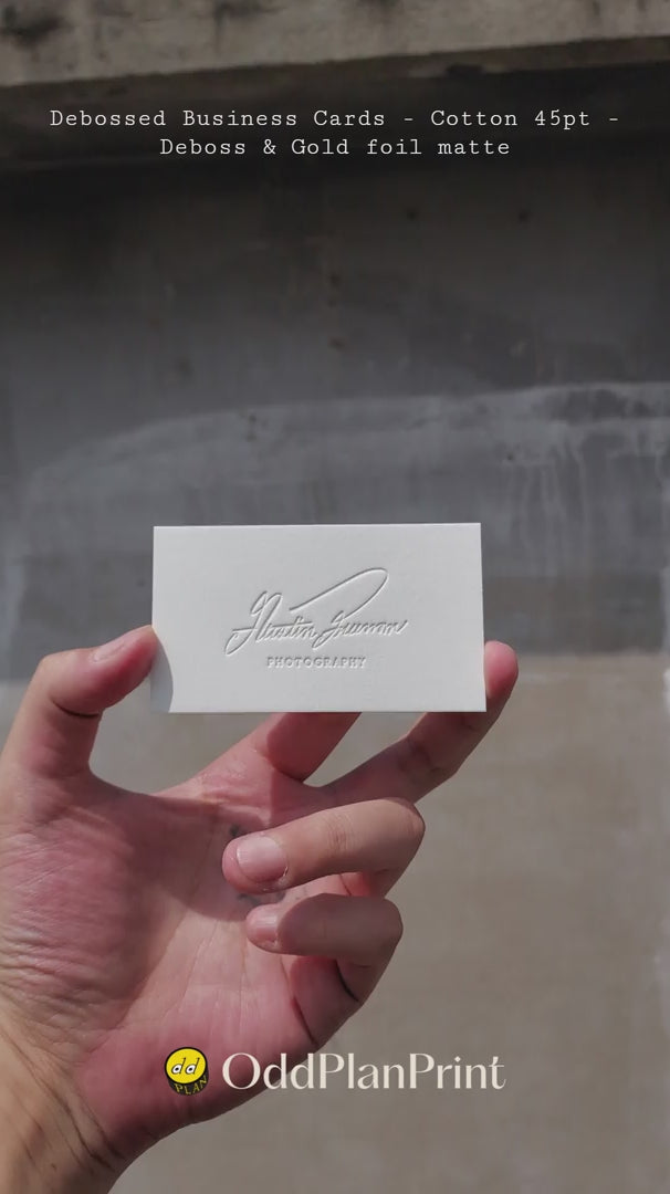 Debossed business cards, Cotton 45pt with matte gold foil by OddPlanPrint.