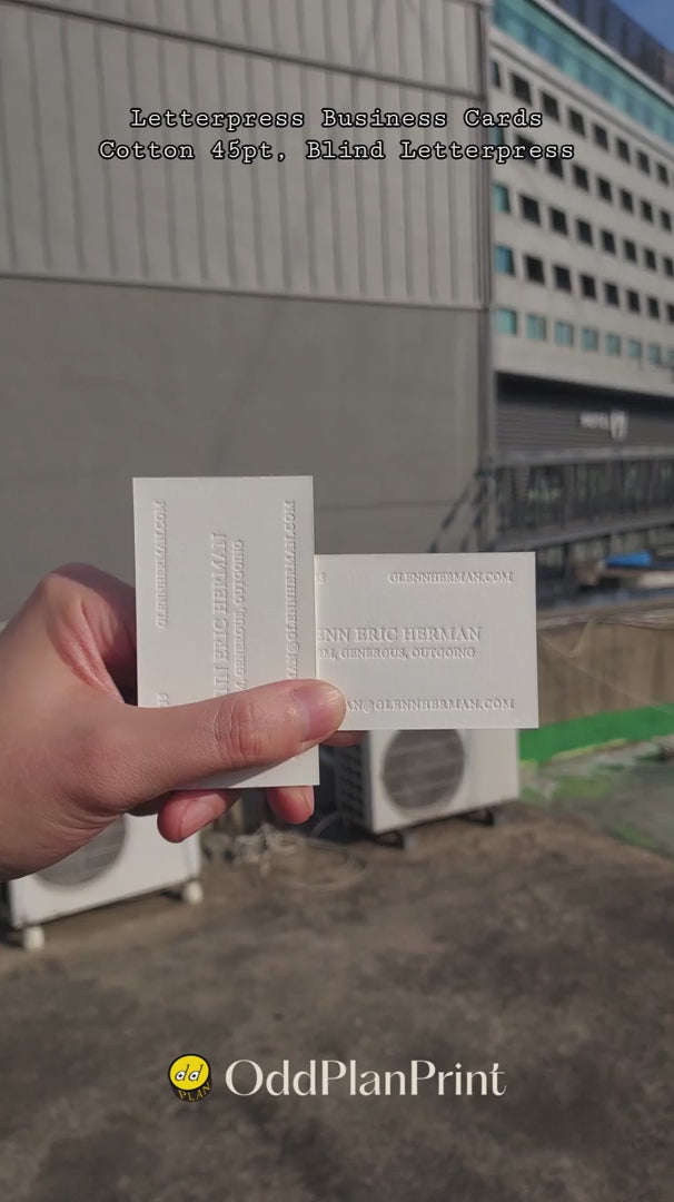 OddPlanPrint presents a minimalist 45pt cotton business card with a clean, deep blind letterpress impression, embodying modern luxury.