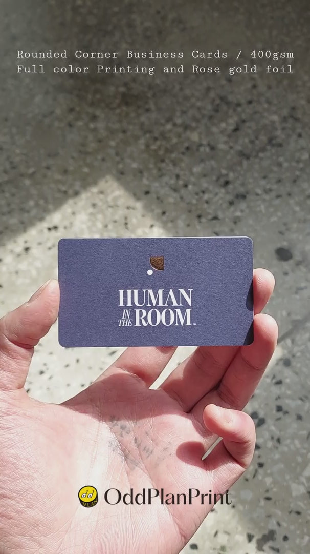 Glamorous rounded corner business card by OddPlanPrint, with full color print and rose gold foil.