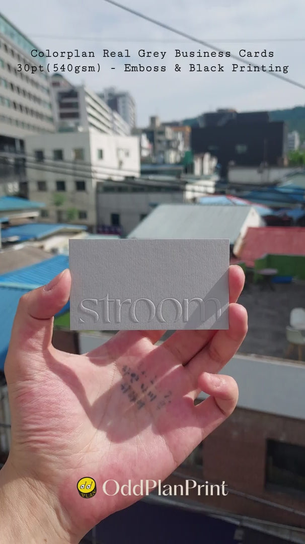 High end 30pt Colorplan Real Grey business cards with tactile blind emboss and black printing crafted by OddPlanPrint.
